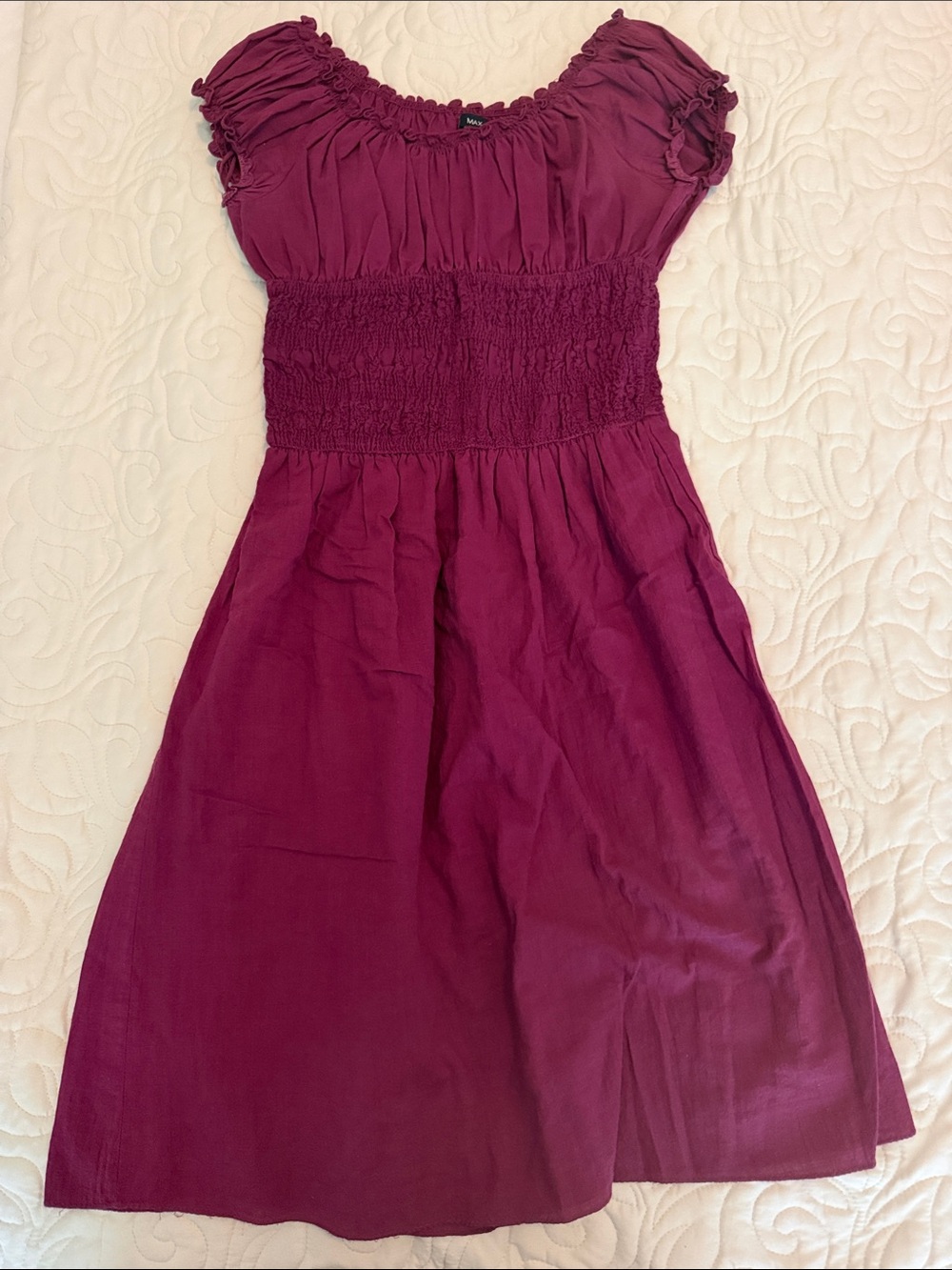 Max Edition Burgundy Smocked Midi Dress